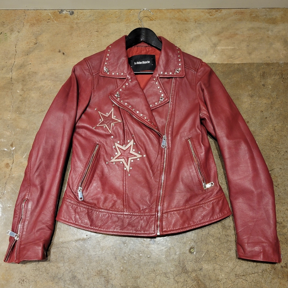 La Reine Blanche Red Genuine Leather Biker Jacket - Size EU 42